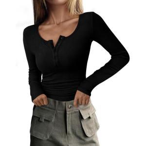 imagePRETTYGARDEN Womens 2025 Spring Fall Long Sleeve Henley T Shirts Button Ribbed Knit Slim Fit Casual Basic Tops BlouseBlack