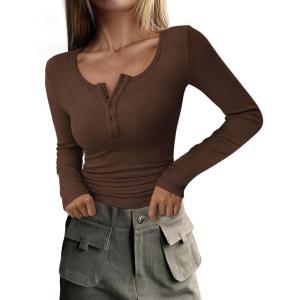 imagePRETTYGARDEN Womens 2025 Spring Fall Long Sleeve Henley T Shirts Button Ribbed Knit Slim Fit Casual Basic Tops BlouseCoffee