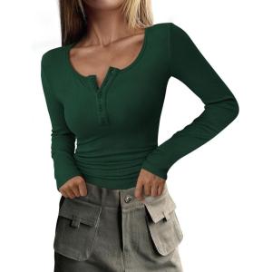imagePRETTYGARDEN Womens 2025 Spring Fall Long Sleeve Henley T Shirts Button Ribbed Knit Slim Fit Casual Basic Tops BlouseDark Green