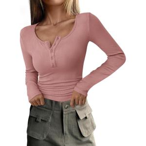 imagePRETTYGARDEN Womens 2025 Spring Fall Long Sleeve Henley T Shirts Button Ribbed Knit Slim Fit Casual Basic Tops BlouseDusty Pink