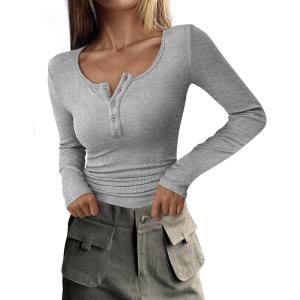 imagePRETTYGARDEN Womens 2025 Spring Fall Long Sleeve Henley T Shirts Button Ribbed Knit Slim Fit Casual Basic Tops BlouseGrey