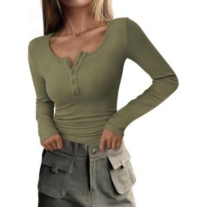 imagePRETTYGARDEN Womens 2025 Spring Fall Long Sleeve Henley T Shirts Button Ribbed Knit Slim Fit Casual Basic Tops BlouseGrey Green