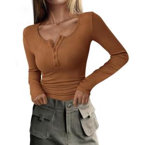 imagePRETTYGARDEN Womens 2025 Spring Fall Long Sleeve Henley T Shirts Button Ribbed Knit Slim Fit Casual Basic Tops BlouseKhaki