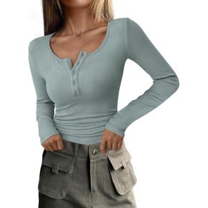 imagePRETTYGARDEN Womens 2025 Spring Fall Long Sleeve Henley T Shirts Button Ribbed Knit Slim Fit Casual Basic Tops BlouseLake Blue