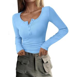 imagePRETTYGARDEN Womens 2025 Spring Fall Long Sleeve Henley T Shirts Button Ribbed Knit Slim Fit Casual Basic Tops BlouseLight Blue