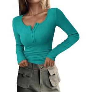 imagePRETTYGARDEN Womens 2025 Spring Fall Long Sleeve Henley T Shirts Button Ribbed Knit Slim Fit Casual Basic Tops BlouseMalachite Green