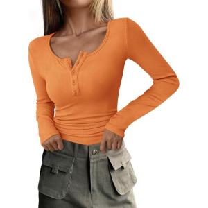 imagePRETTYGARDEN Womens 2025 Spring Fall Long Sleeve Henley T Shirts Button Ribbed Knit Slim Fit Casual Basic Tops BlouseOrange