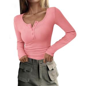 imagePRETTYGARDEN Womens 2025 Spring Fall Long Sleeve Henley T Shirts Button Ribbed Knit Slim Fit Casual Basic Tops BlousePink