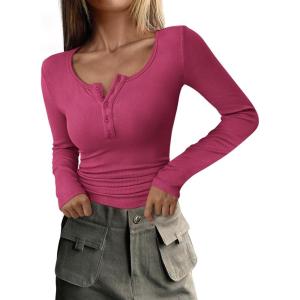 imagePRETTYGARDEN Womens 2025 Spring Fall Long Sleeve Henley T Shirts Button Ribbed Knit Slim Fit Casual Basic Tops BlouseRose Red