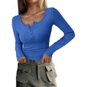 imagePRETTYGARDEN Womens 2025 Spring Fall Long Sleeve Henley T Shirts Button Ribbed Knit Slim Fit Casual Basic Tops BlouseRoyal Blue