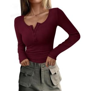 imagePRETTYGARDEN Womens 2025 Spring Fall Long Sleeve Henley T Shirts Button Ribbed Knit Slim Fit Casual Basic Tops BlouseWine Red