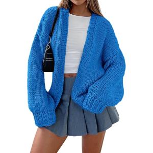 imagePRETTYGARDEN Womens Cardigan Sweaters 2025 Spring Fall Trendy Chunky Knit Outerwear Outfits Fashion Long Sleeve CardigansBlue