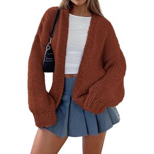 imagePRETTYGARDEN Womens Cardigan Sweaters 2025 Spring Fall Trendy Chunky Knit Outerwear Outfits Fashion Long Sleeve CardigansBrown Red