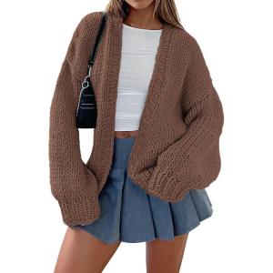imagePRETTYGARDEN Womens Cardigan Sweaters 2025 Spring Fall Trendy Chunky Knit Outerwear Outfits Fashion Long Sleeve CardigansCoffee
