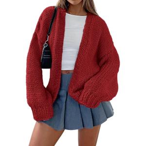 imagePRETTYGARDEN Womens Cardigan Sweaters 2025 Spring Fall Trendy Chunky Knit Outerwear Outfits Fashion Long Sleeve CardigansJujube Red