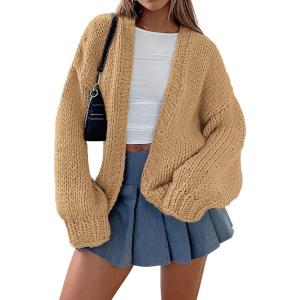 imagePRETTYGARDEN Womens Cardigan Sweaters 2025 Spring Fall Trendy Chunky Knit Outerwear Outfits Fashion Long Sleeve CardigansKhaki