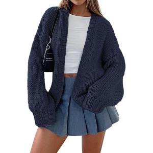 imagePRETTYGARDEN Womens Cardigan Sweaters 2025 Spring Fall Trendy Chunky Knit Outerwear Outfits Fashion Long Sleeve CardigansNavy