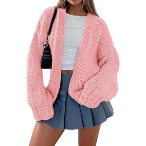 imagePRETTYGARDEN Womens Cardigan Sweaters 2025 Spring Fall Trendy Chunky Knit Outerwear Outfits Fashion Long Sleeve CardigansPink