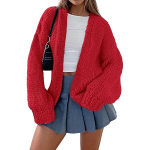 imagePRETTYGARDEN Womens Cardigan Sweaters 2025 Spring Fall Trendy Chunky Knit Outerwear Outfits Fashion Long Sleeve CardigansRed