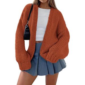 imagePRETTYGARDEN Womens Cardigan Sweaters 2025 Spring Fall Trendy Chunky Knit Outerwear Outfits Fashion Long Sleeve CardigansRust Red