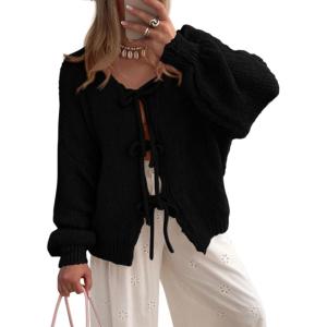 imagePRETTYGARDEN Womens Tie Front Bow Cardigan Sweaters Chunky Knit Long Puff Sleeve Trendy Fall Winter Jacket CoatsBlack
