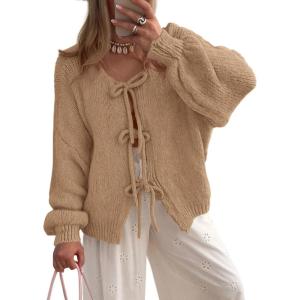 imagePRETTYGARDEN Womens Tie Front Bow Cardigan Sweaters Chunky Knit Long Puff Sleeve Trendy Fall Winter Jacket CoatsCamel