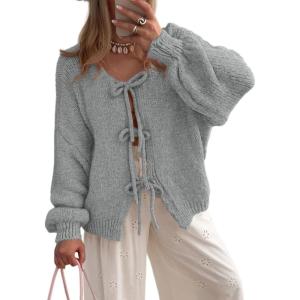 imagePRETTYGARDEN Womens Tie Front Bow Cardigan Sweaters Chunky Knit Long Puff Sleeve Trendy Fall Winter Jacket CoatsLight Grey