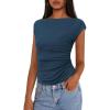 imagePRETTYGARDEN Womens Ruched Crop Tank Tops 2025 Summer Trendy Cap Sleeve Ribbed Knit Basic Fitted Going Out Tee ShirtsDark Blue