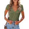 imagePRETTYGARDEN Womens Summer Casual Henley TShirts Short Sleeve V Neck Button Up Ribbed Knit Slim Fit Basic TopsGreen