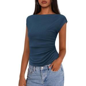 imagePRETTYGARDEN Womens Ruched Crop Tank Tops 2025 Summer Trendy Cap Sleeve Ribbed Knit Basic Fitted Going Out Tee ShirtsDark Blue
