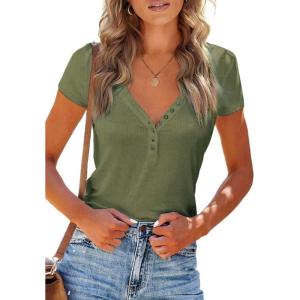 imagePRETTYGARDEN Womens Summer Casual Henley TShirts Short Sleeve V Neck Button Up Ribbed Knit Slim Fit Basic TopsGreen