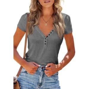 imagePRETTYGARDEN Womens Summer Casual Henley TShirts Short Sleeve V Neck Button Up Ribbed Knit Slim Fit Basic TopsGrey