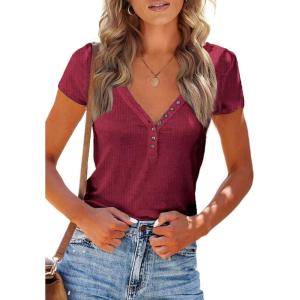 imagePRETTYGARDEN Womens Summer Casual Henley TShirts Short Sleeve V Neck Button Up Ribbed Knit Slim Fit Basic TopsRed