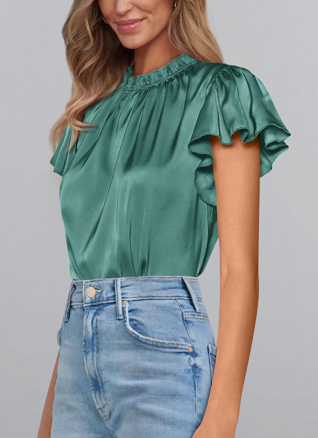 imagePRETTYGARDEN Business Casual Tops for Women Blouses Dressy 2025 Summer Short Sleeve Ruffle Satin Work Office AttireAqua Green