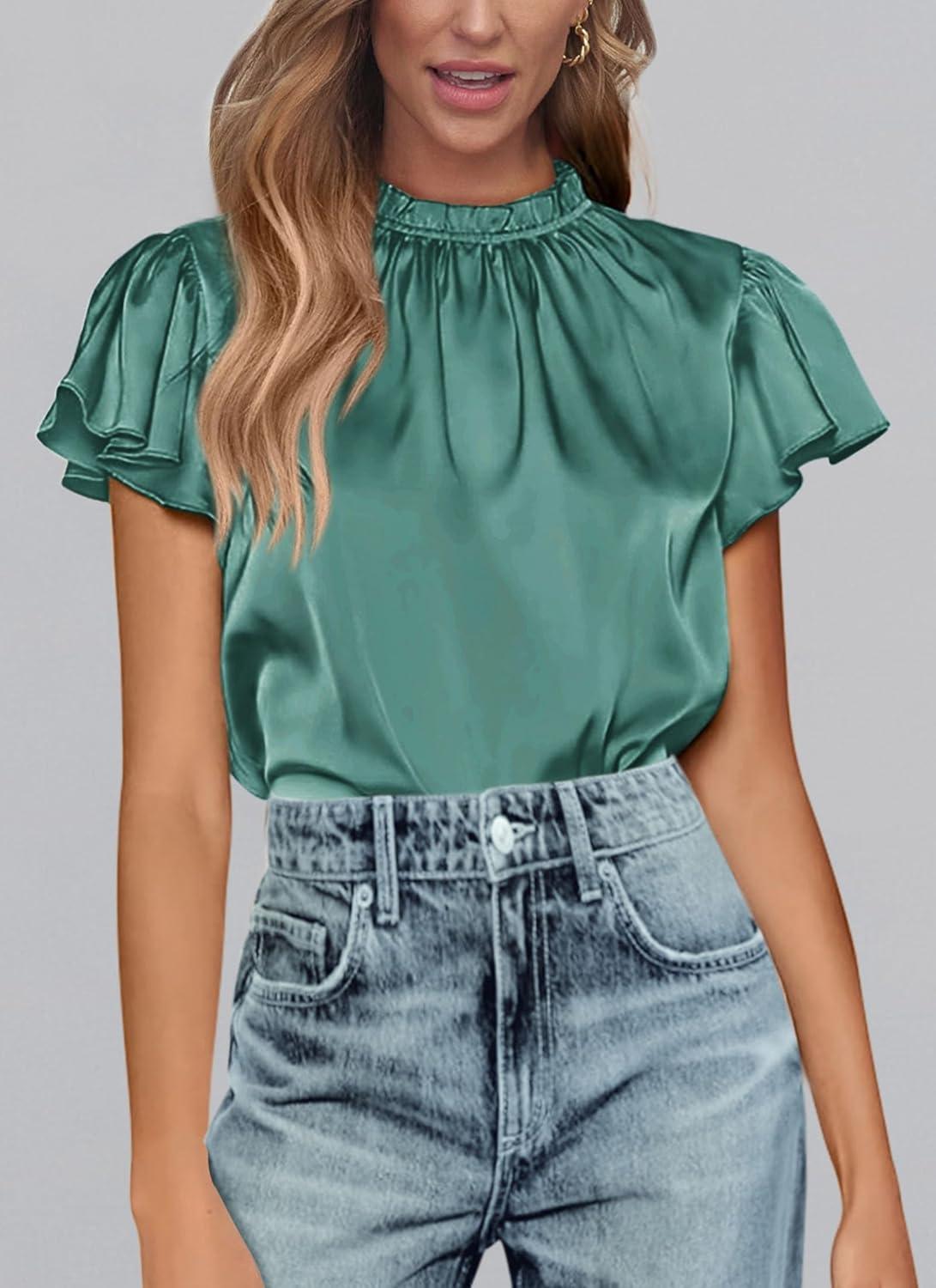 imagePRETTYGARDEN Business Casual Tops for Women Blouses Dressy 2025 Summer Short Sleeve Ruffle Satin Work Office AttireAqua Green
