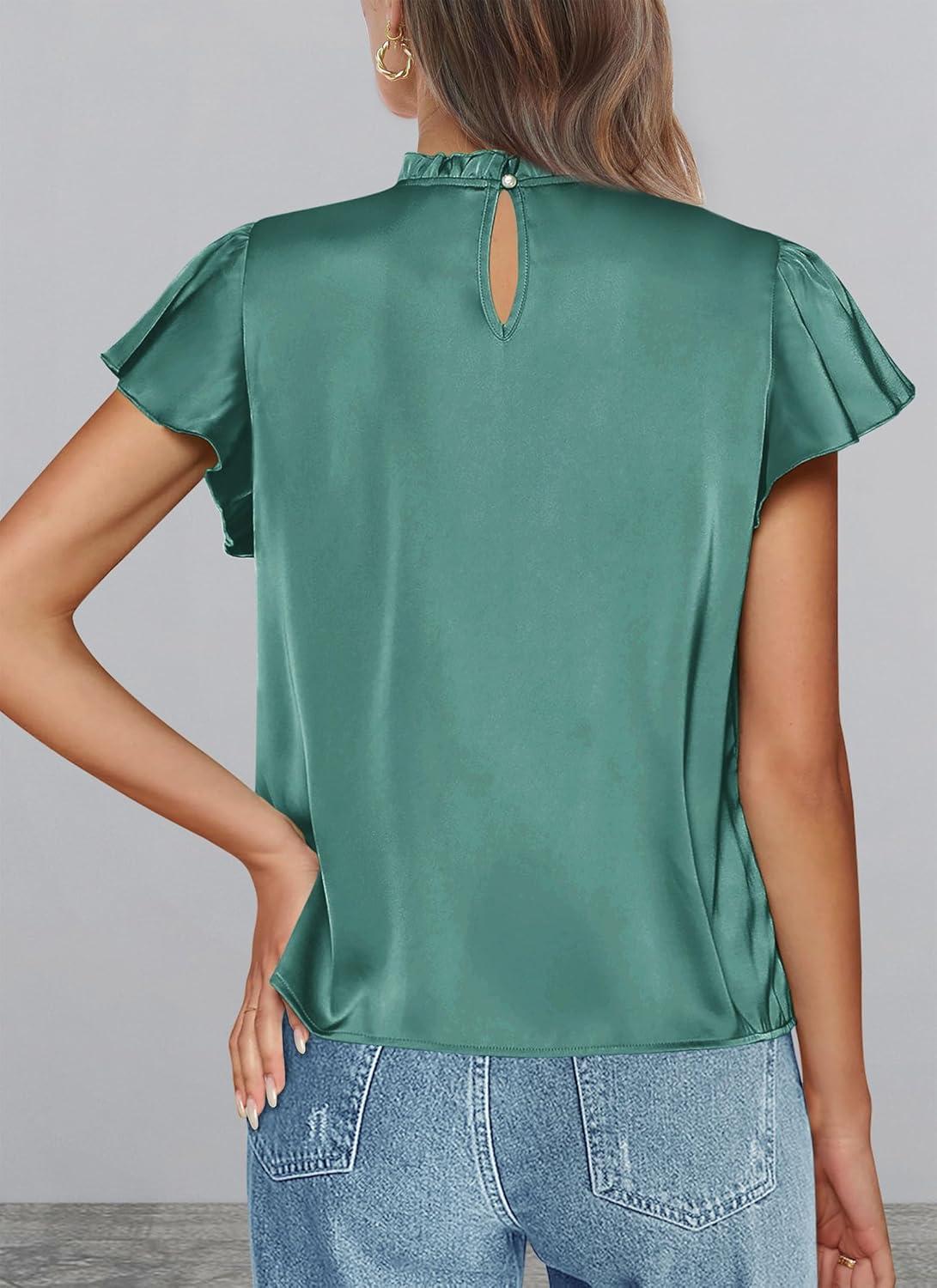 imagePRETTYGARDEN Business Casual Tops for Women Blouses Dressy 2025 Summer Short Sleeve Ruffle Satin Work Office AttireAqua Green