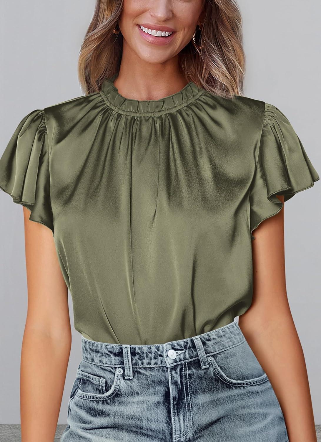 imagePRETTYGARDEN Business Casual Tops for Women Blouses Dressy 2025 Summer Short Sleeve Ruffle Satin Work Office AttireArmy Green