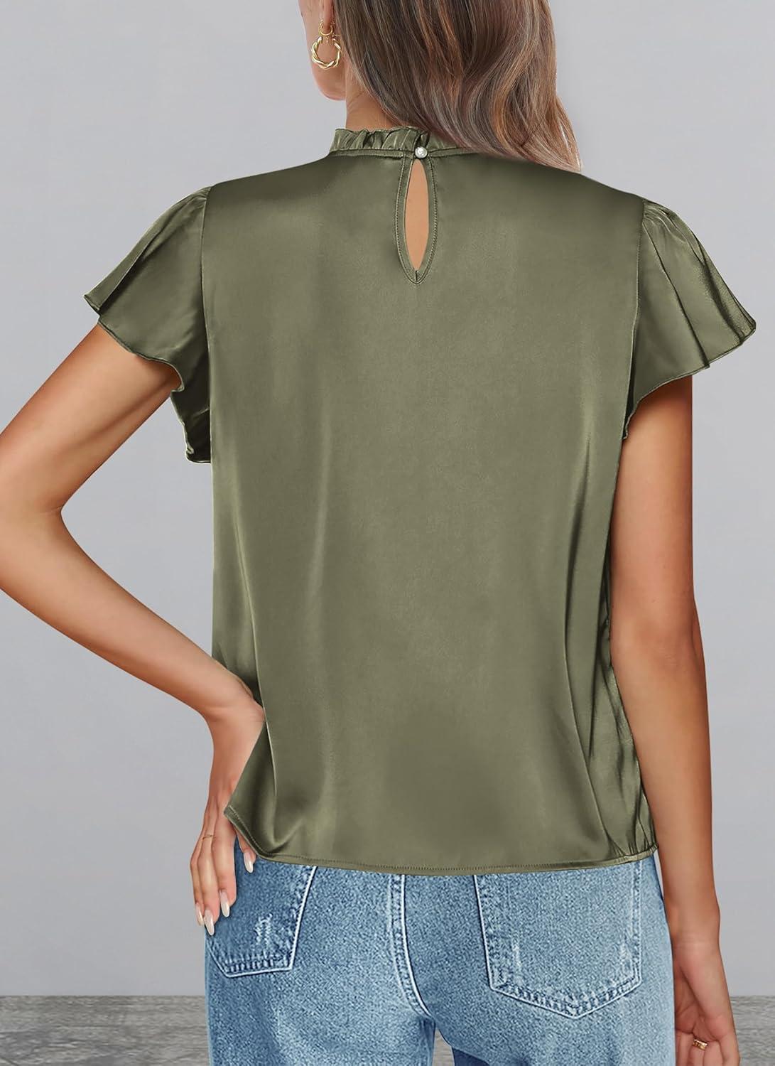 imagePRETTYGARDEN Business Casual Tops for Women Blouses Dressy 2025 Summer Short Sleeve Ruffle Satin Work Office AttireArmy Green