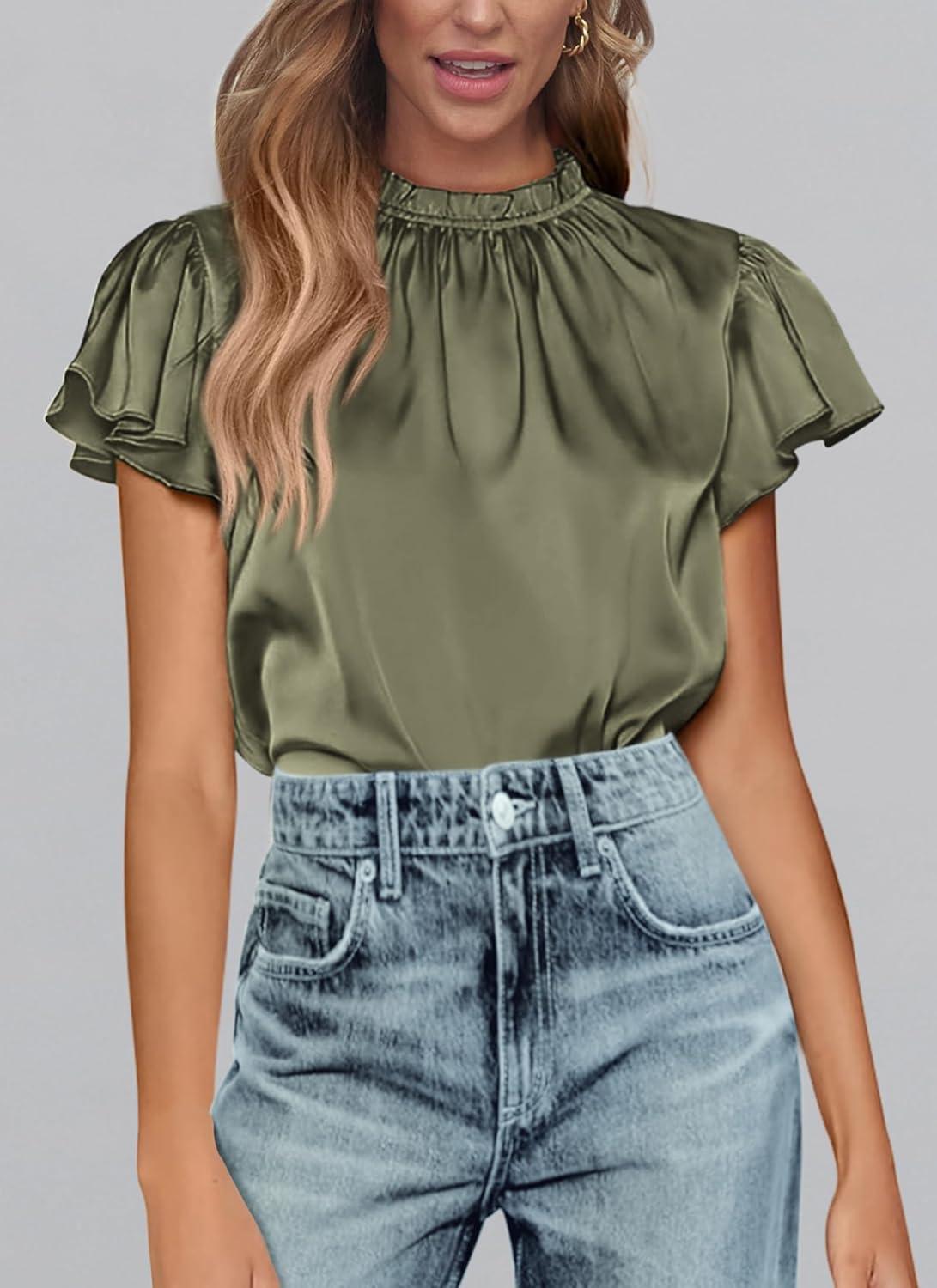 imagePRETTYGARDEN Business Casual Tops for Women Blouses Dressy 2025 Summer Short Sleeve Ruffle Satin Work Office AttireArmy Green