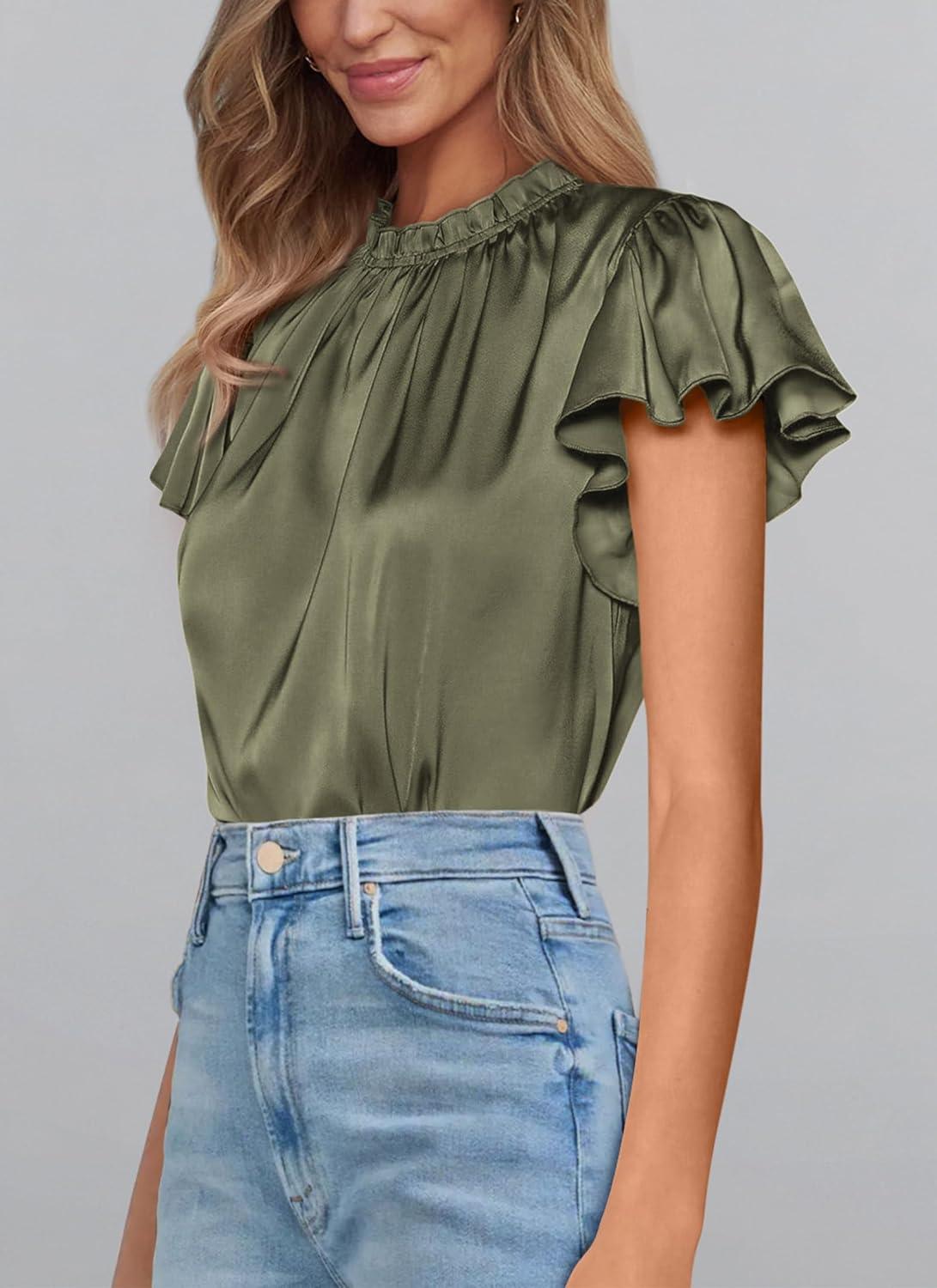 imagePRETTYGARDEN Business Casual Tops for Women Blouses Dressy 2025 Summer Short Sleeve Ruffle Satin Work Office AttireArmy Green