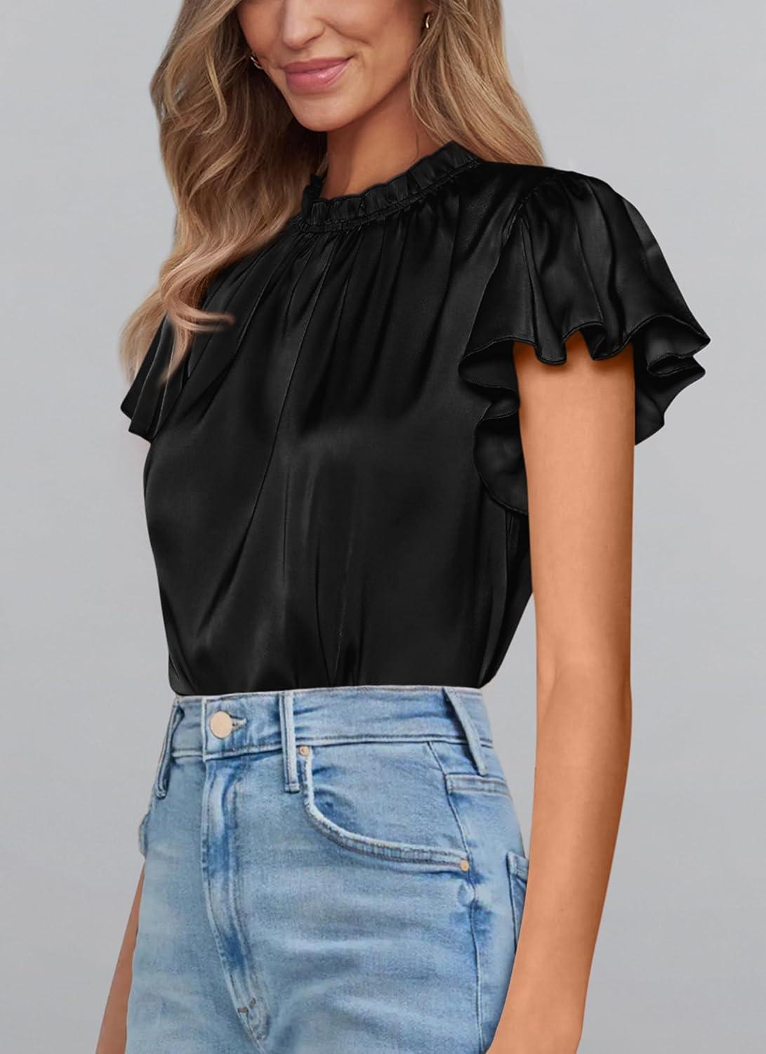 imagePRETTYGARDEN Business Casual Tops for Women Blouses Dressy 2025 Summer Short Sleeve Ruffle Satin Work Office AttireBlack