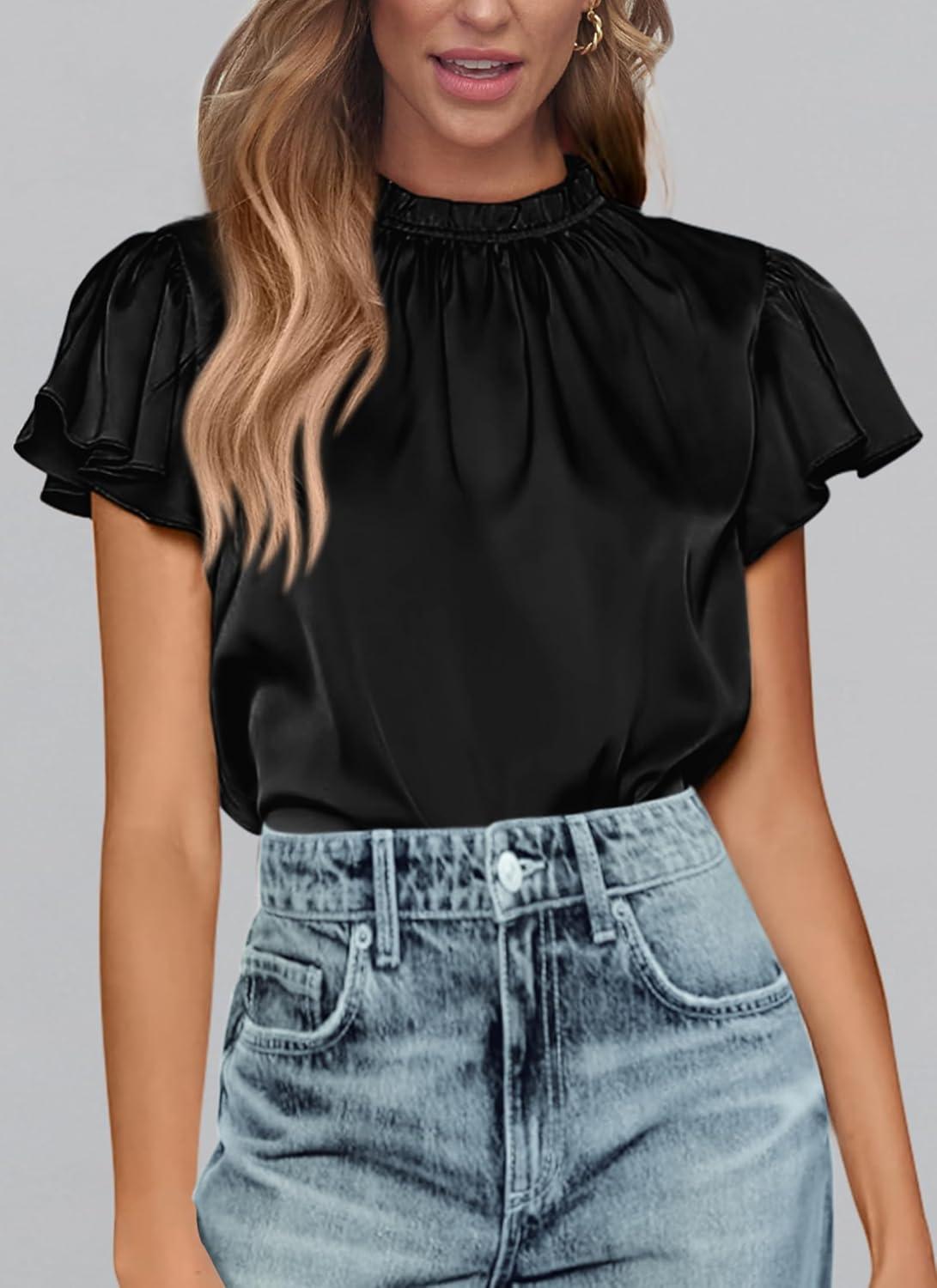 imagePRETTYGARDEN Business Casual Tops for Women Blouses Dressy 2025 Summer Short Sleeve Ruffle Satin Work Office AttireBlack