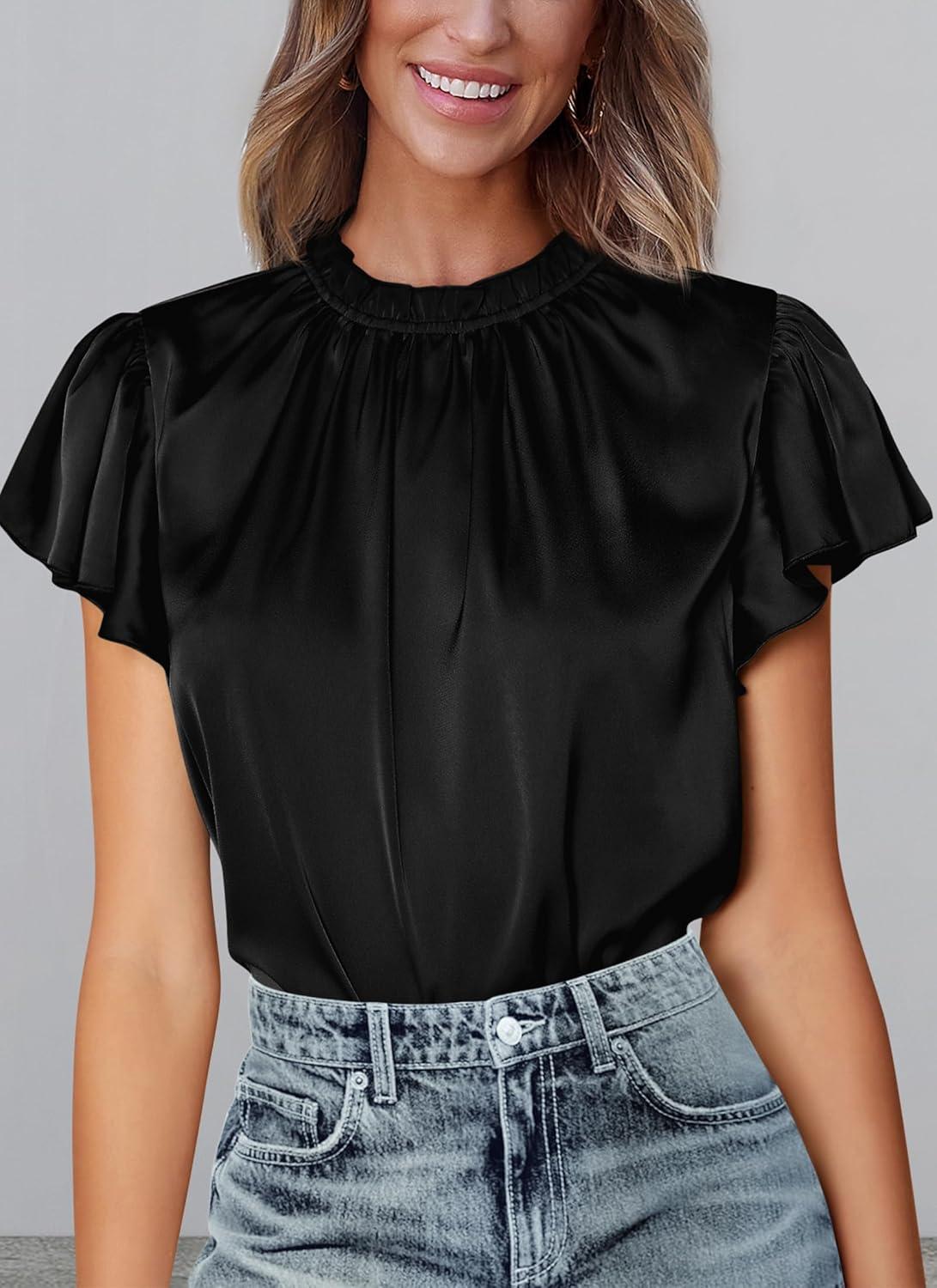 imagePRETTYGARDEN Business Casual Tops for Women Blouses Dressy 2025 Summer Short Sleeve Ruffle Satin Work Office AttireBlack