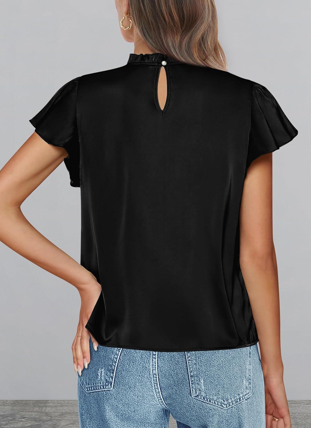 imagePRETTYGARDEN Business Casual Tops for Women Blouses Dressy 2025 Summer Short Sleeve Ruffle Satin Work Office AttireBlack