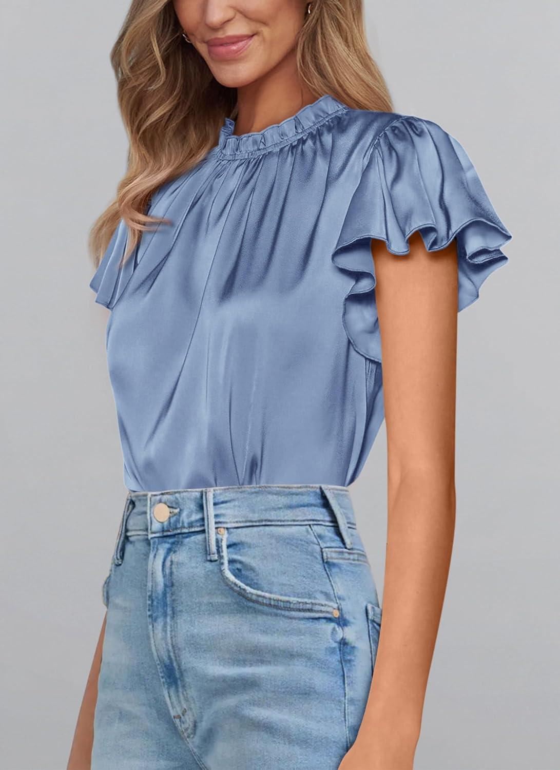 imagePRETTYGARDEN Business Casual Tops for Women Blouses Dressy 2025 Summer Short Sleeve Ruffle Satin Work Office AttireBlue