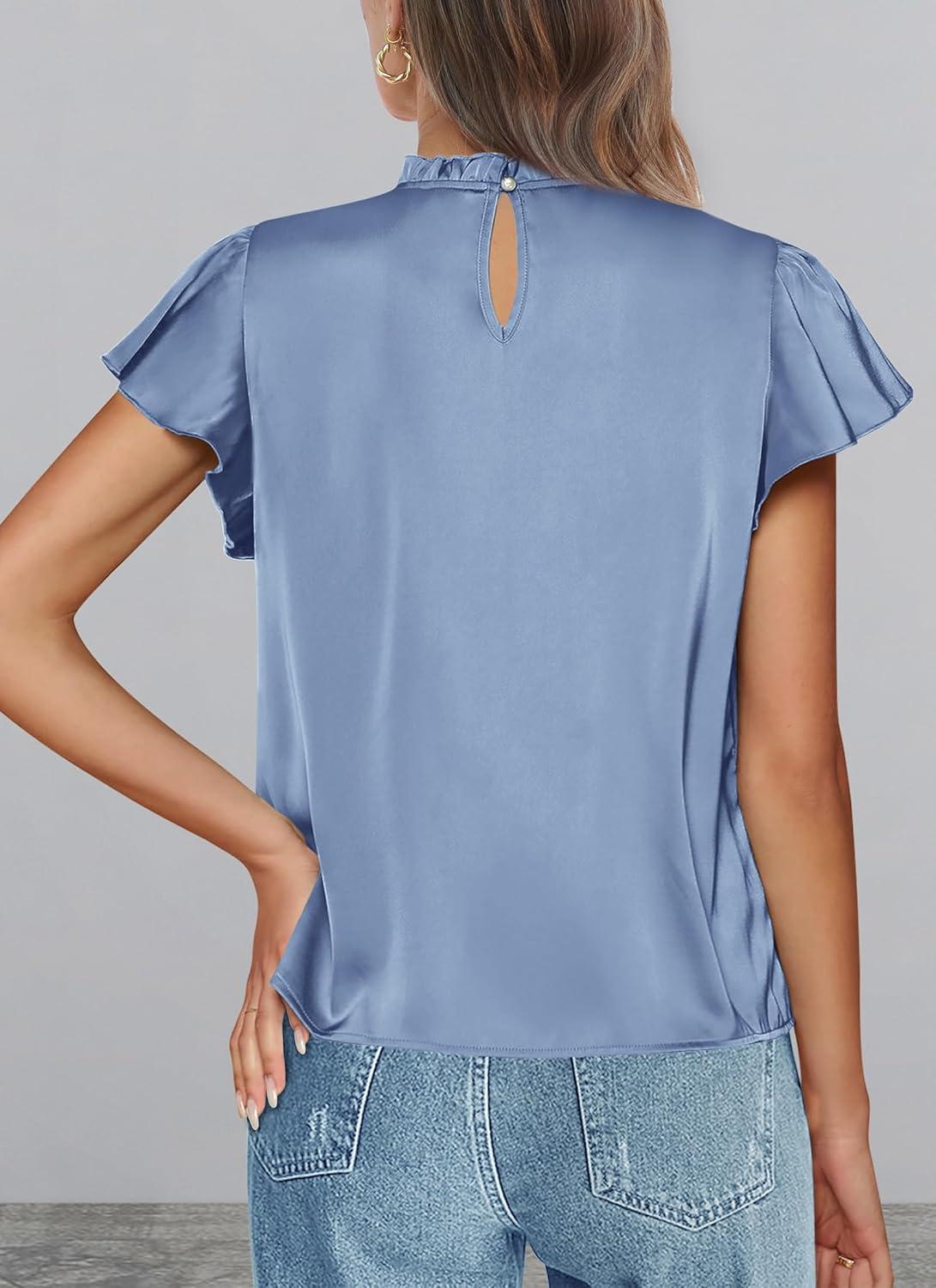 imagePRETTYGARDEN Business Casual Tops for Women Blouses Dressy 2025 Summer Short Sleeve Ruffle Satin Work Office AttireBlue