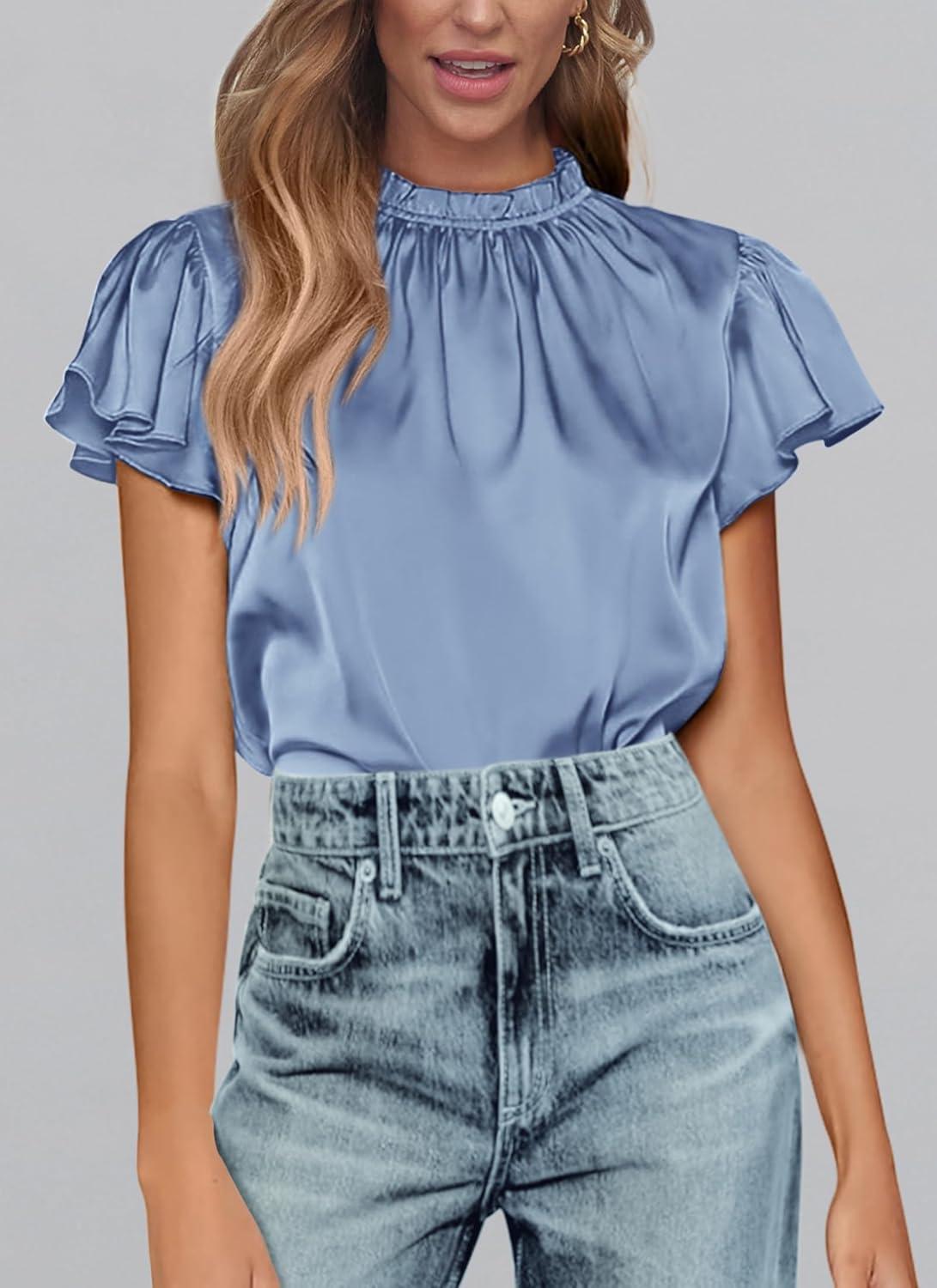 imagePRETTYGARDEN Business Casual Tops for Women Blouses Dressy 2025 Summer Short Sleeve Ruffle Satin Work Office AttireBlue