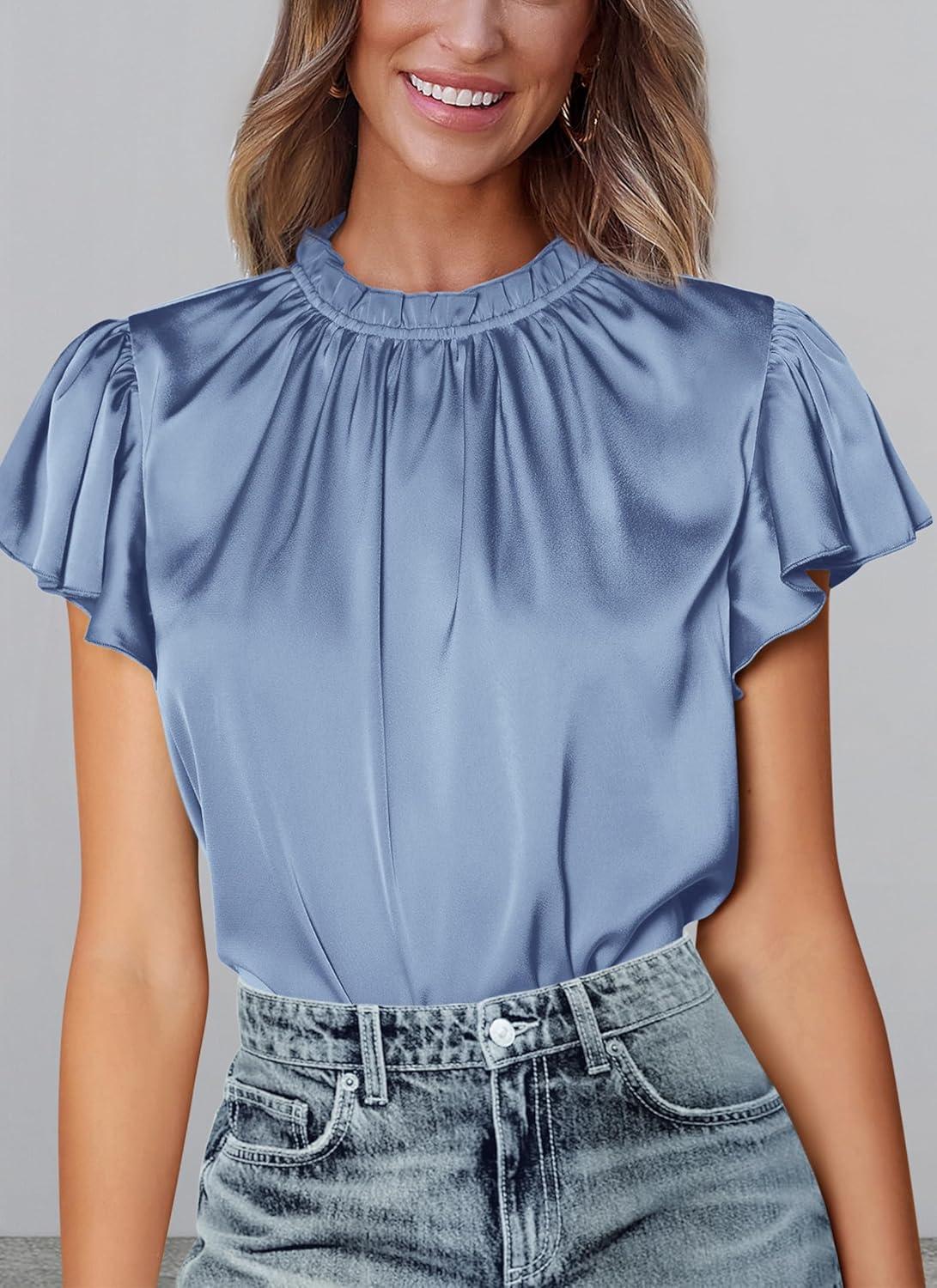 imagePRETTYGARDEN Business Casual Tops for Women Blouses Dressy 2025 Summer Short Sleeve Ruffle Satin Work Office AttireBlue