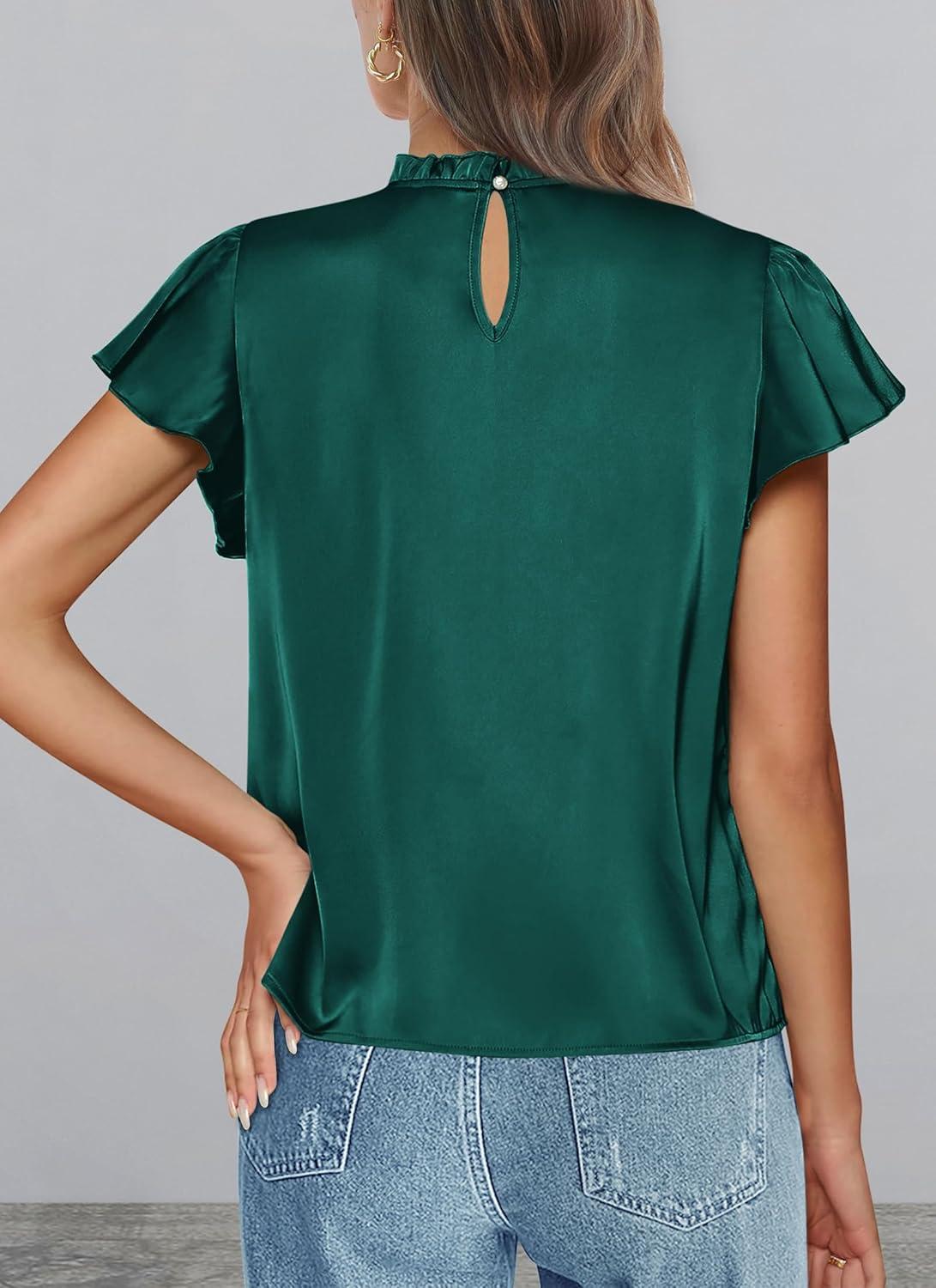 imagePRETTYGARDEN Business Casual Tops for Women Blouses Dressy 2025 Summer Short Sleeve Ruffle Satin Work Office AttireDark Green