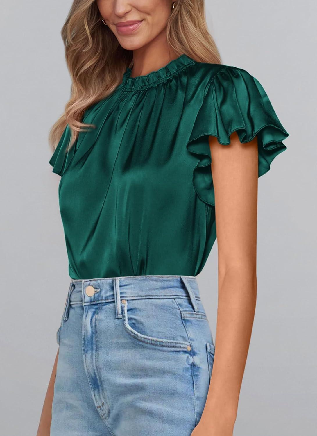 imagePRETTYGARDEN Business Casual Tops for Women Blouses Dressy 2025 Summer Short Sleeve Ruffle Satin Work Office AttireDark Green